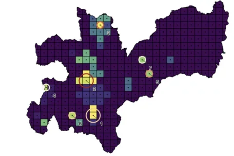Hotspots are shown for inpatient bipolar disorder, major depressive disorder, and schizophrenia.