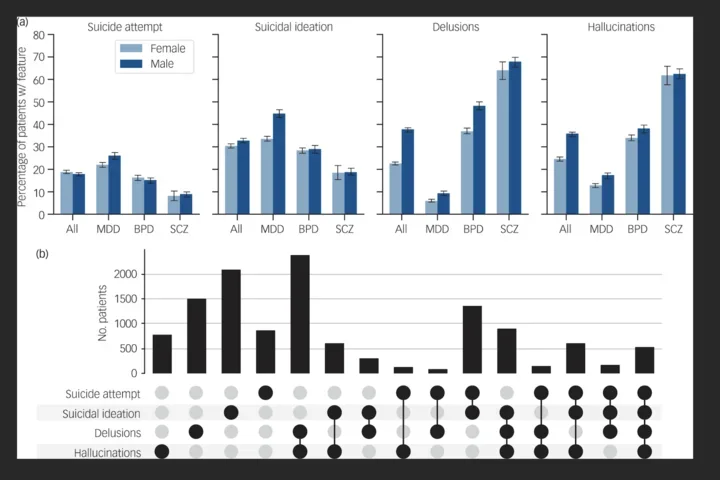 Transdiagnostic characterisation and co-occurrence of clinical features extracted from EHR notes.